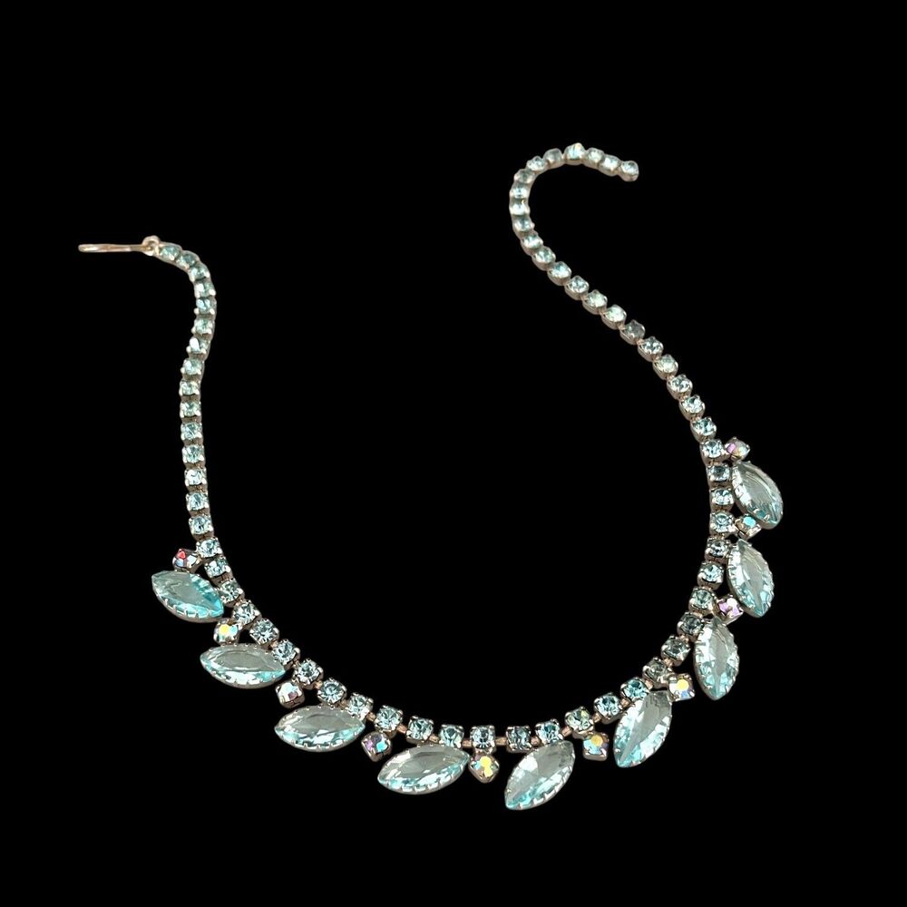 Vintage 1950s Rhinestone Necklace Blue Open Back Navette Stones Mid Century - 7D
